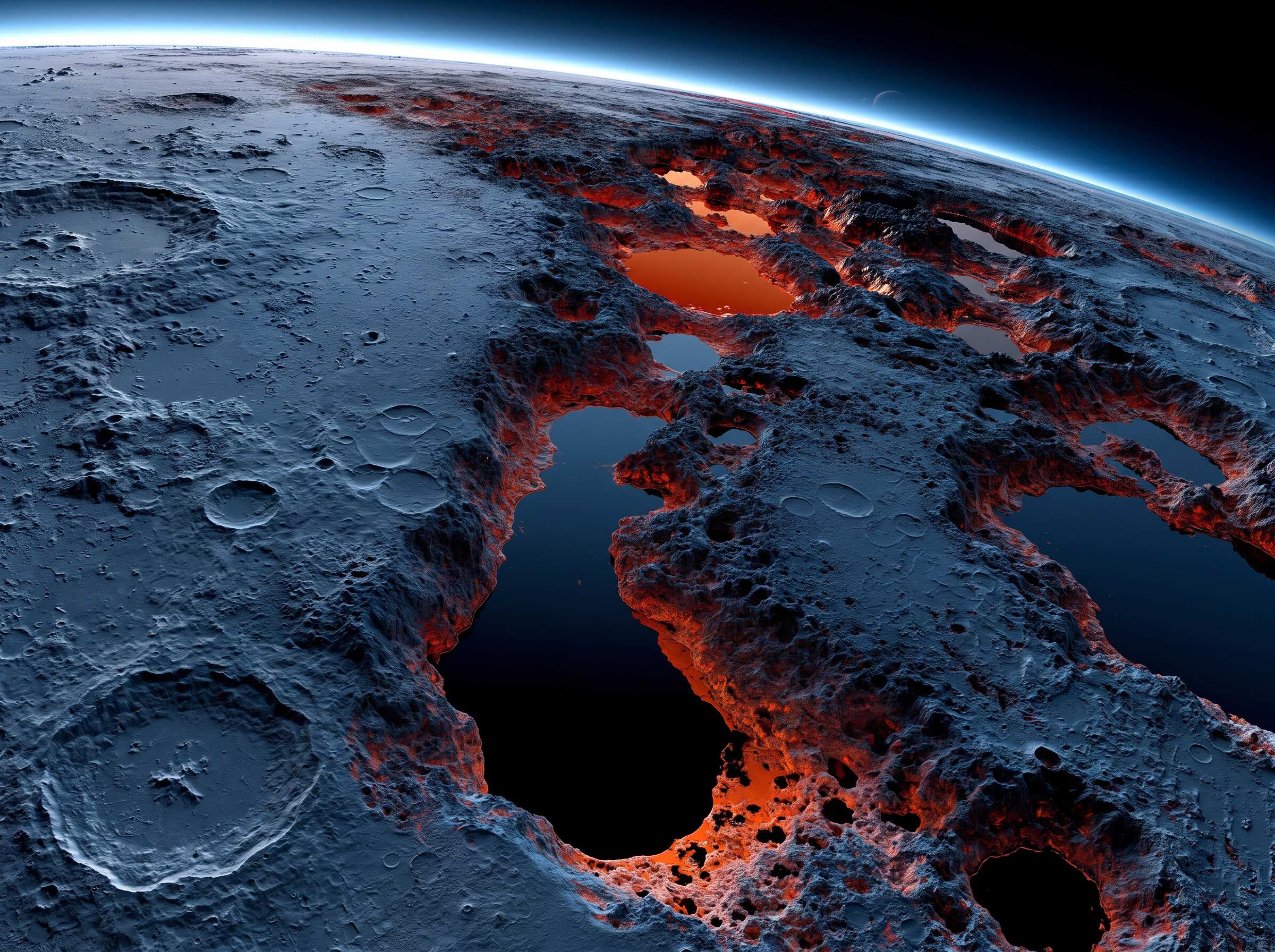 Volcanic crater on a planetary surface with blue and red tones