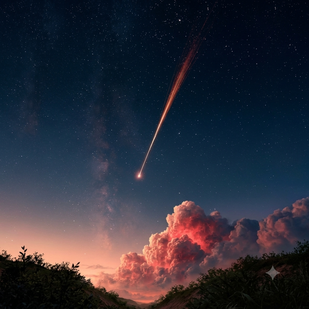 Meteor crossing a starry sky above the clouds
