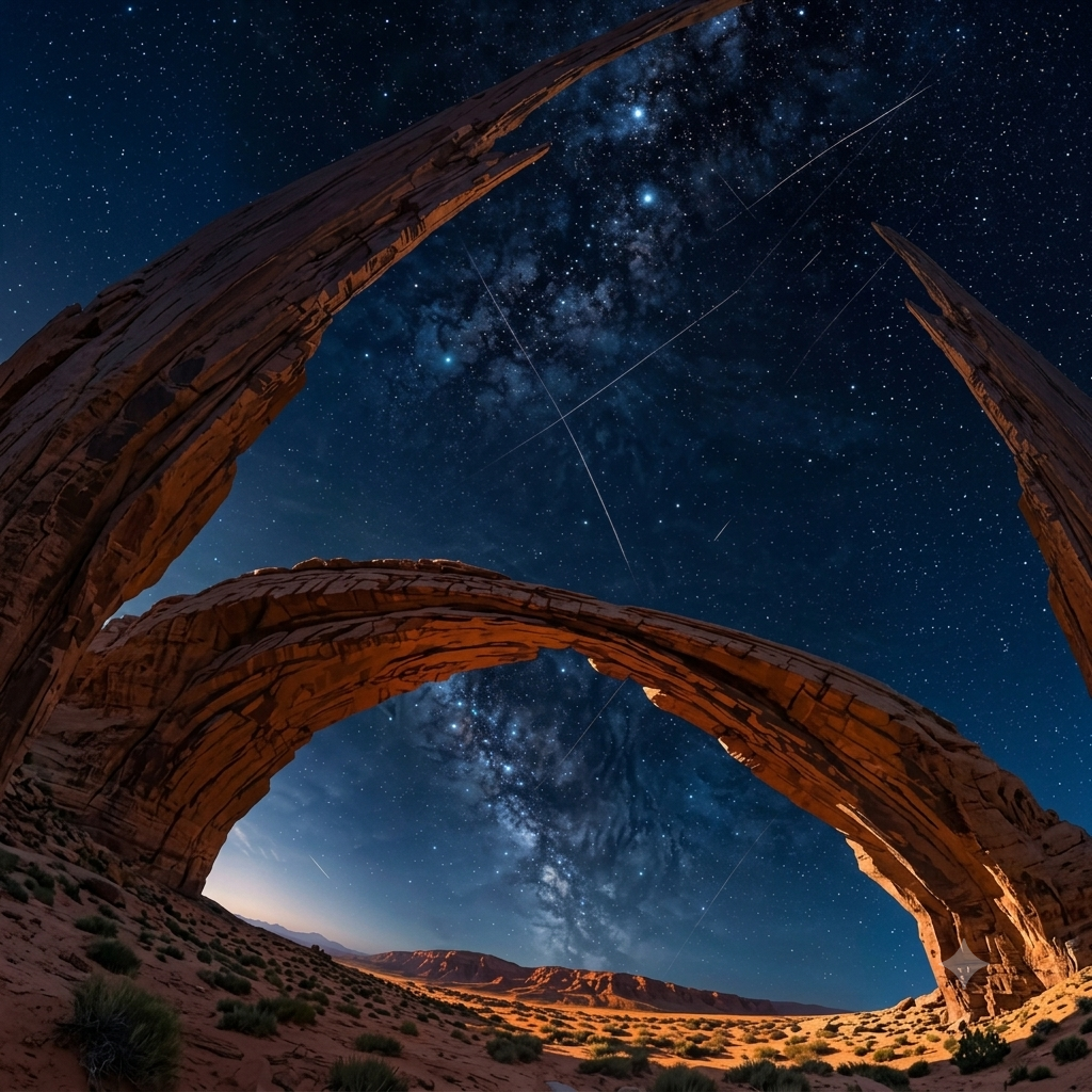 Red stone arch under the Milky Way